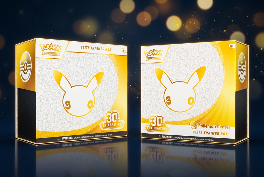 English Pokémon 30th Celebration standard and Pokémon Center Elite Trainer Boxes displayed side by side on a dark tabletop.
