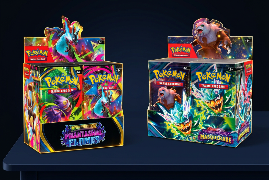Phantasmal Flames and Twilight Masquerade Pokémon TCG booster display boxes shown side by side against a dark background.