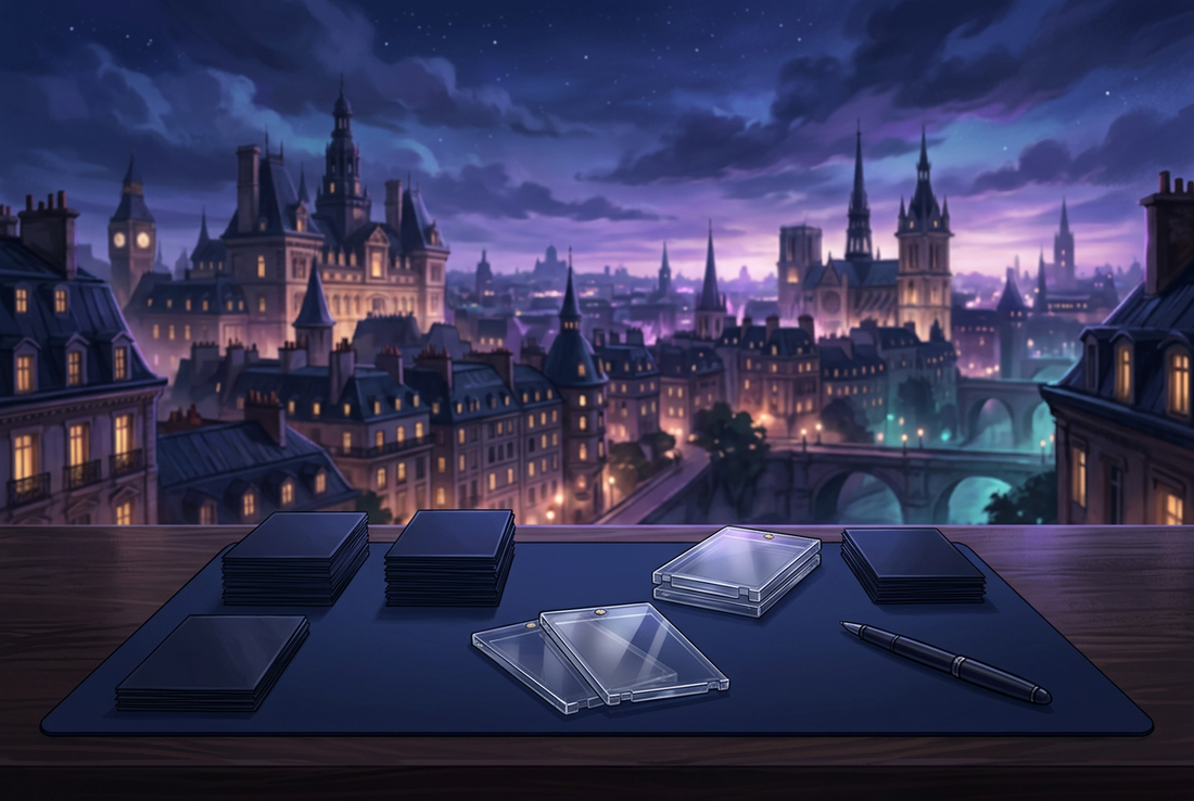 Illustration of a card collector's desk with sleeves and protective holders overlooking a softly lit city at twilight.