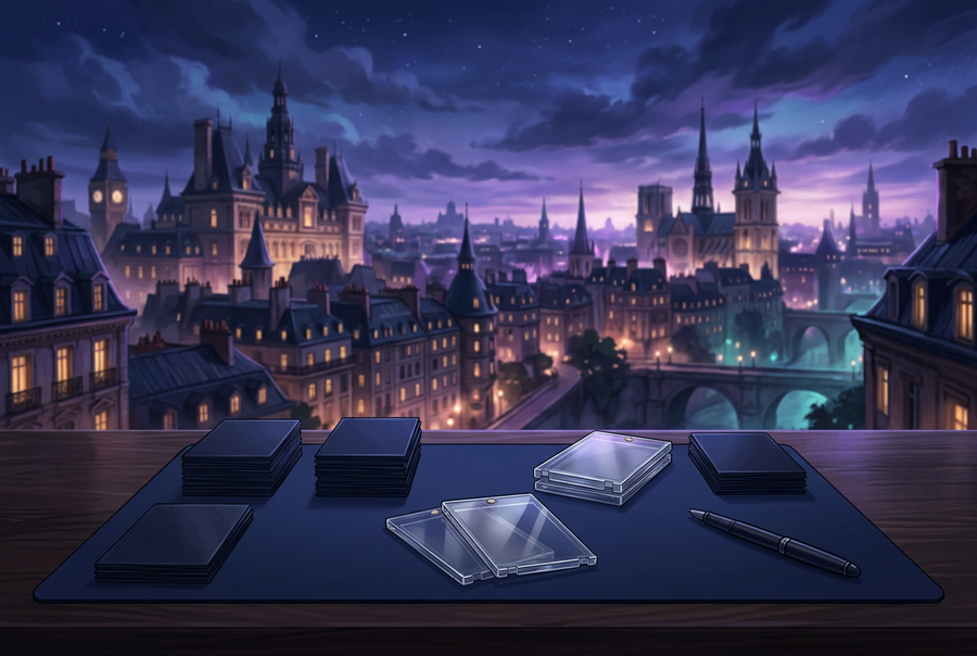 Illustration of a card collector's desk with sleeves and protective holders overlooking a softly lit city at twilight.