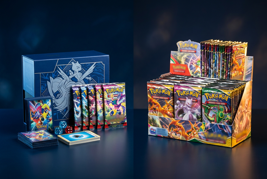 Illustration comparing an Elite Trainer Box with accessories and a Pokémon booster display box.