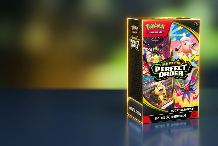 Pokémon Mega Evolution Perfect Order six-pack booster bundle on a dark tabletop with green and gold lighting.