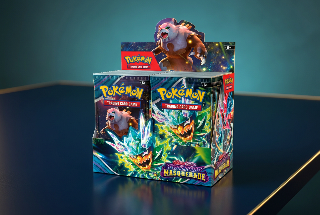 Pokémon Scarlet & Violet Twilight Masquerade booster display box on a dark tabletop with teal and gold lighting.